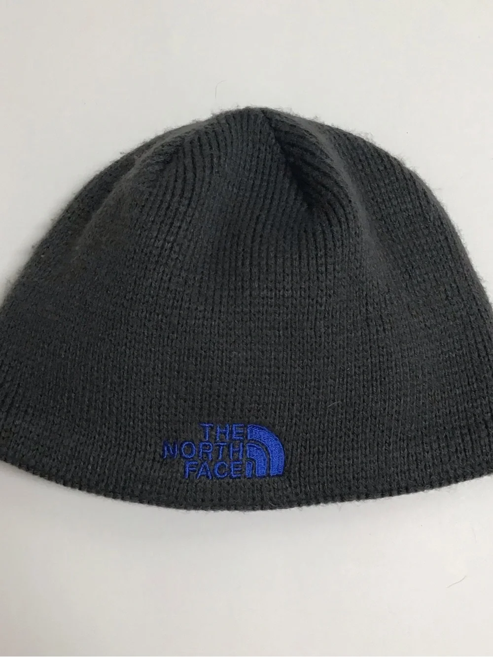 The North Face Beanie Hat Youth/Junior Medium Gray Cobalt Blue Logo Fleece Liner